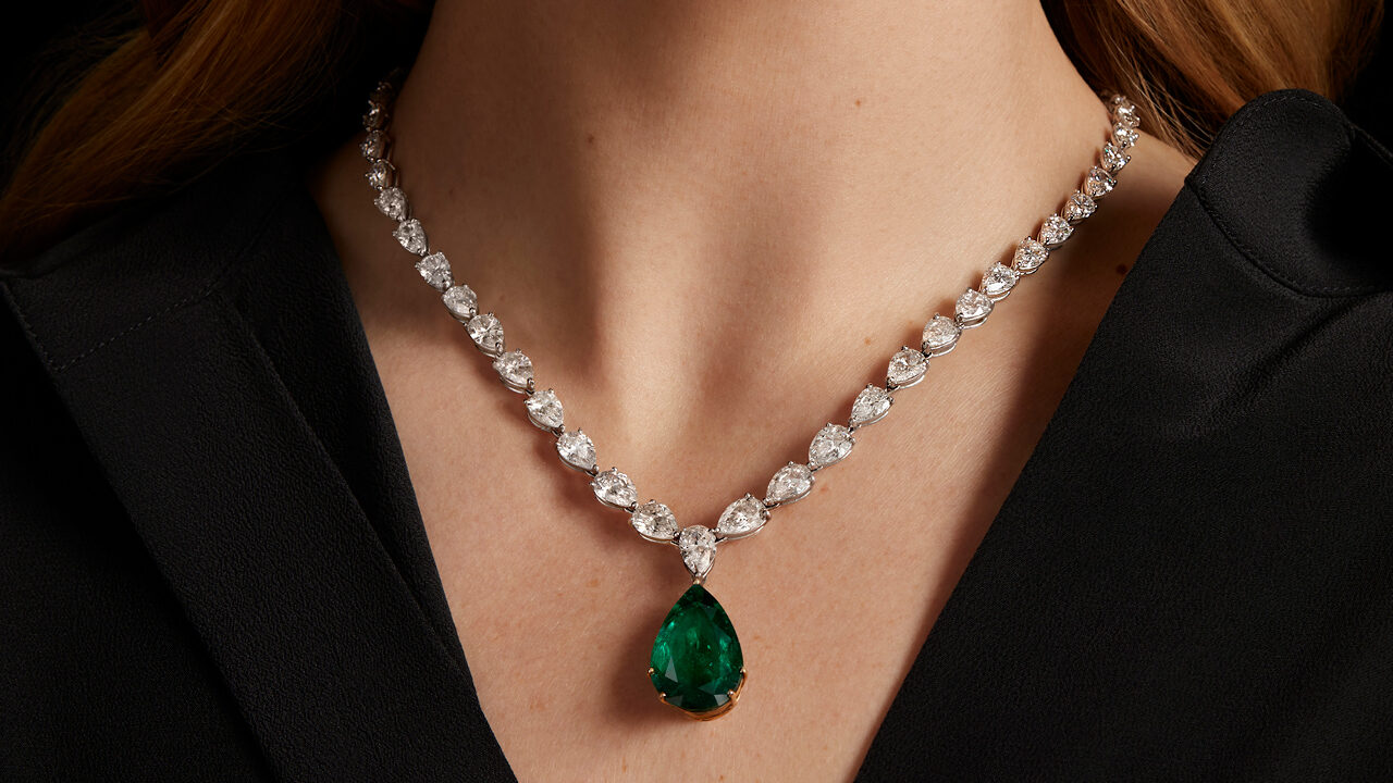 Graff diamond necklace with detachable pear-shaped, 13.88-carat Colombian emerald drop, which sold at Bonhams in September for $570,207. (Bonhams)