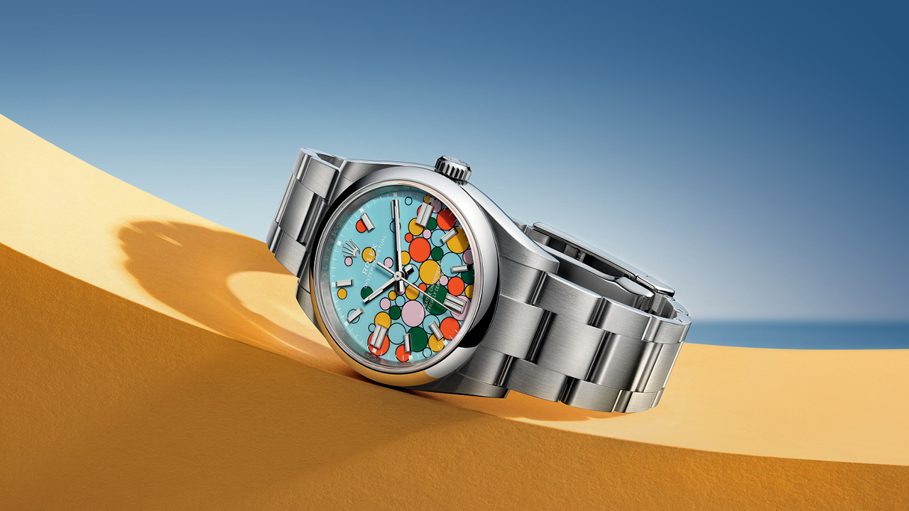 Rolex Oyster Perpetual With a Celebration dial in multi-colored enamel